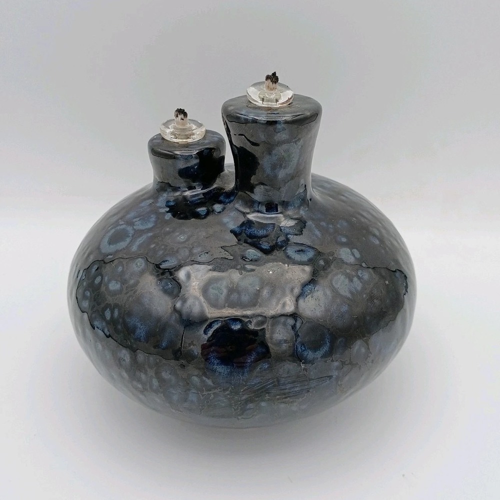 Studio Hand Crafted Art Pottery Double Spout Oil Lamp Signed Oil Spot Glaze